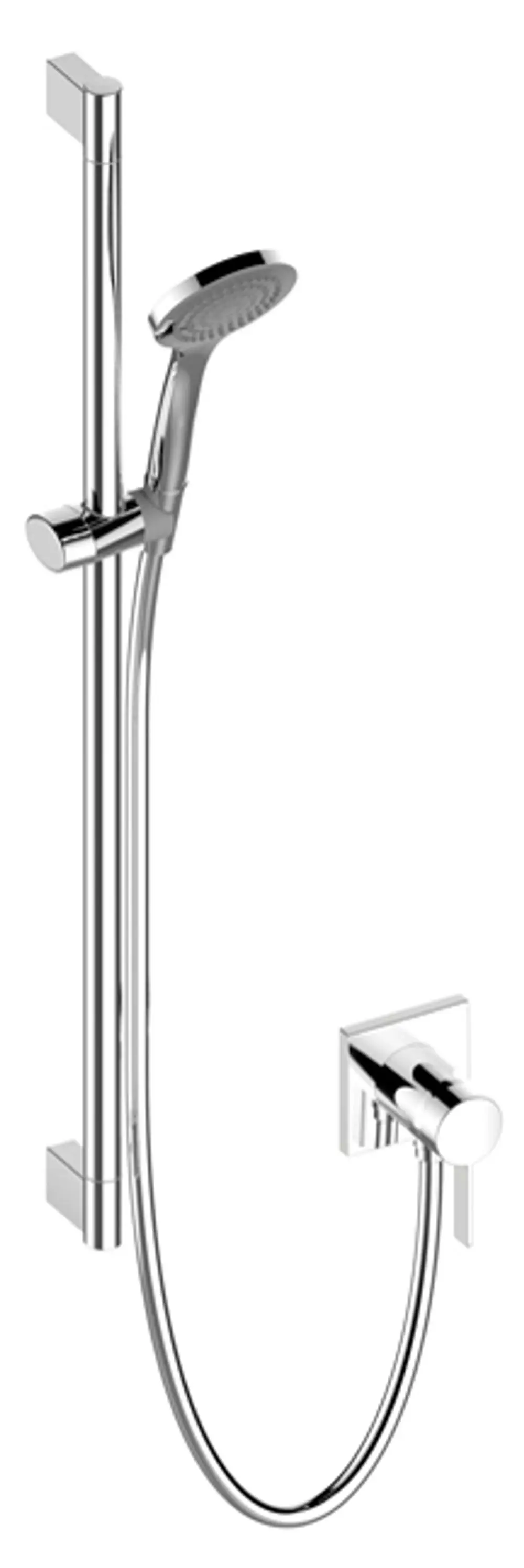 Keuco Brause-Set mit verchromter Oberfläche, bestehend aus Handbrause, Schlauch und Wandhalterung, montiert an einer senkrechten Halterung.